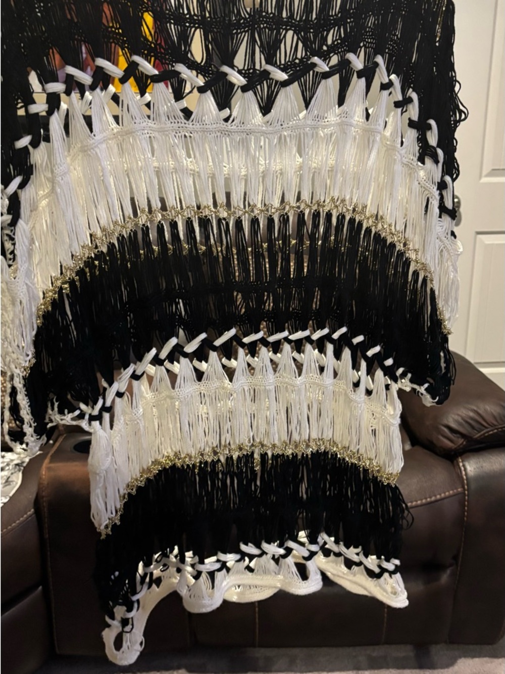 Shoreline Black and White Knit Fringe Scarf with Gold Trim